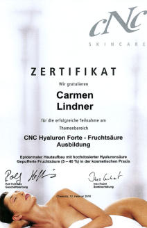 Zertifikat von Carmen Lindner zur Hyaluron-Anwendung